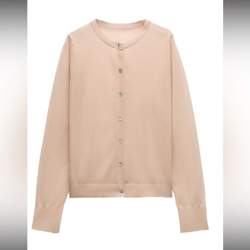 Zara Beige Button-Front Crewneck Cardigan